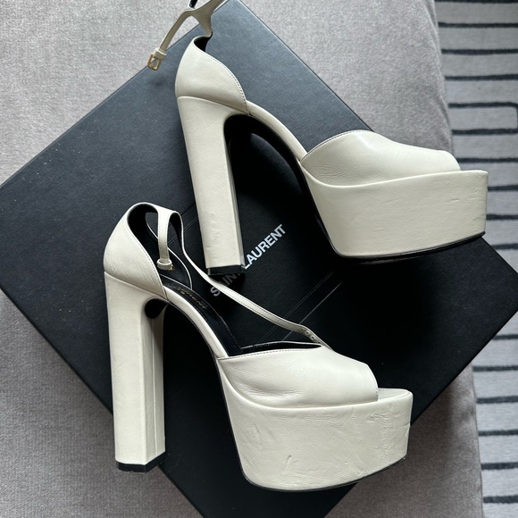 SAINT LAURENT 2022 PLATFORM OPEN TOE HEELS- PEARL - Picture 3 of 5